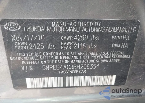 2011 Hyundai Sonata Gls из США, поврежденный, VIN 5NPEB4AC3BH206354